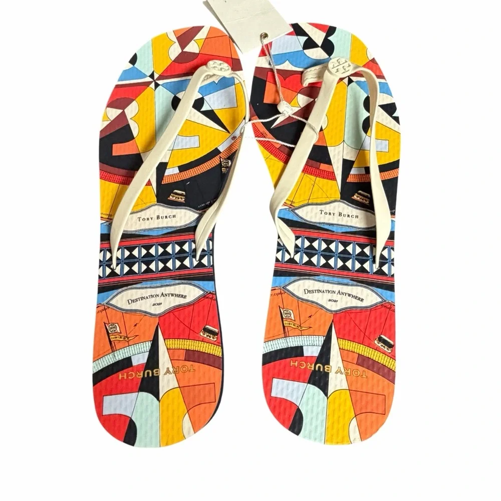 Tory Burch Psychedelic Geo Enamel Logo Flip Flops‎ in Ivory Multicolor - NWOB